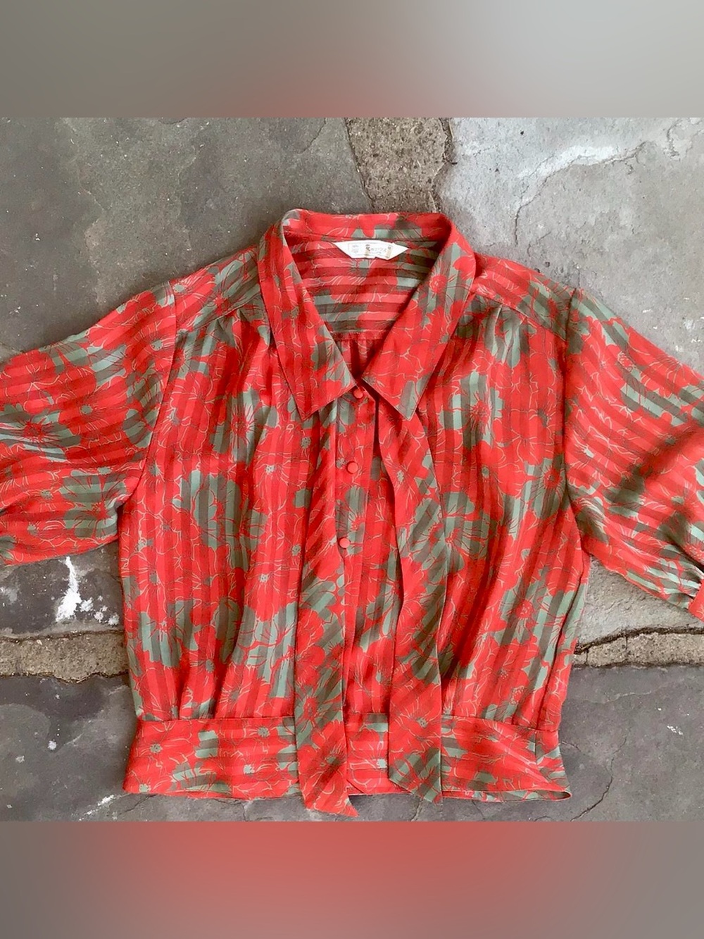 VTG Red Floral Tie-Neck Blouse